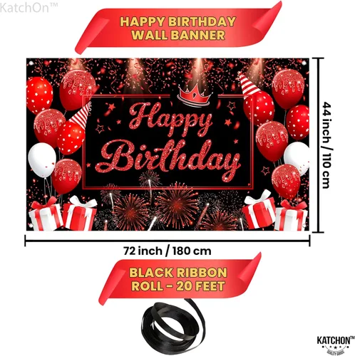 Miniatura 2 de KatchOn, Cartel de feliz cumpleaños negro y rojo, grande, 72 x 44 pulgadas, telón de fondo para decoraciones de feliz cumpleaños, pancarta roja