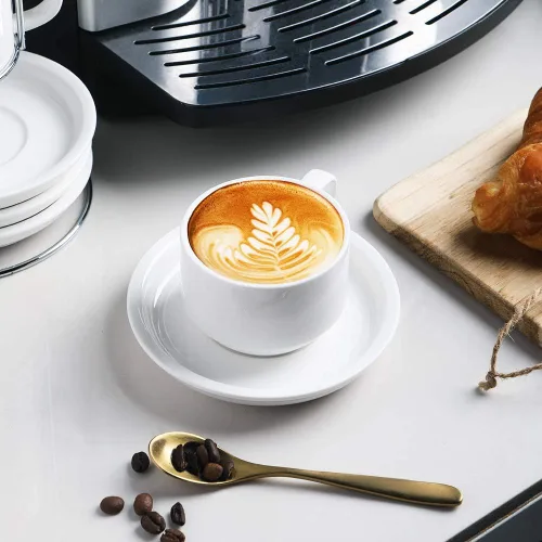 Miniatura 4 de Sweejar - Tazas de café de porcelana con platillos, tazas de capuchino apilables de 4 onzas con soporte de metal para bebidas de café, café