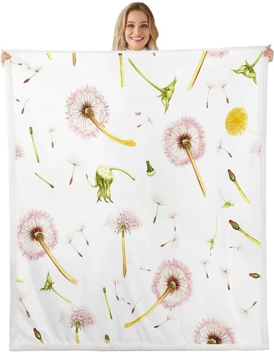 Manfei Manta de diente de león rosa, manta de flores en acuarela para sofá, manta de cama floral botánica para niños y niñas, decoración de