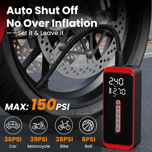 Miniatura 3 de ROTOPATA Inflador de neumáticos inalámbrico para neumáticos de automóvil, compresor de aire portátil de 150 PSI con batería de 7500 mAh, medidor