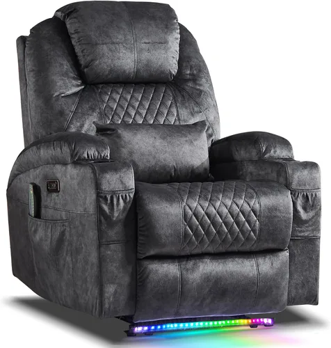 Miniatura 13 de AHMED Silla reclinable eléctrica con masaje por vibración y calor para adultos, asiento de cine en casa de piel sintética con portavasos, luces LED