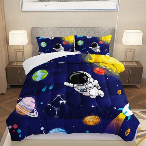 Miniatura 9 de AILONEN Juego de edredón de gato astronauta, tamaño individual, hermoso juego de ropa de cama cósmico estrellado para dormitorio, juego de edredón