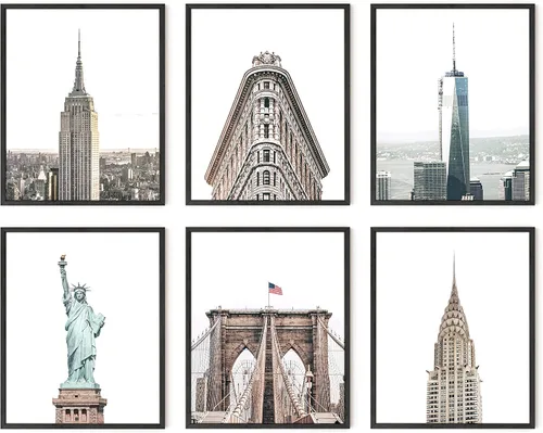 HAUS AND HUES Juego de 6 arte de pared de la ciudad de Nueva York, pósteres y decoración de horizonte de Nueva York, 8 x 10 pulgadas, sin marco Hito
