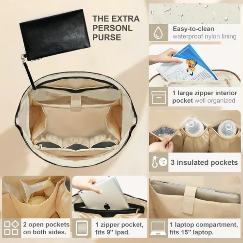 Miniatura 4 de miss fong Bolsa de pañales, bolsa de bebé, bolsa de pañales de cuero, bolsa de mano para bebé con 9 bolsillos, bolsa grande para mamá con bolso Negro