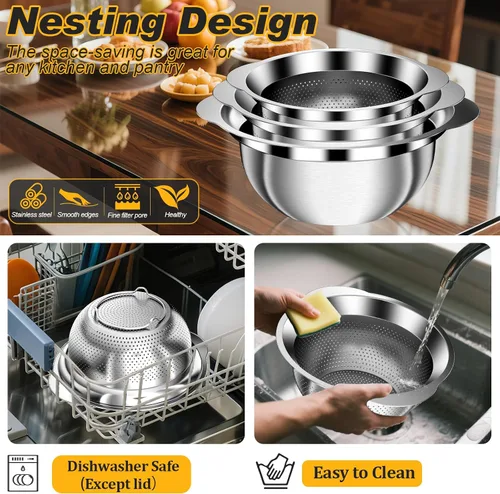 Miniatura 7 de Colador, colador de acero inoxidable con cuencos para mezclar (3.5 cuartos de galón), 3 coladores para utensilios de cocina, cesta de colador