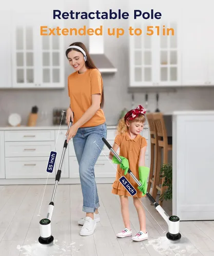 Miniatura 6 de Limpiador eléctrico giratorio, limpiador de baño inalámbrico con 7 cabezales de cepillo, limpiador de ducha ajustable de mango largo para lechada