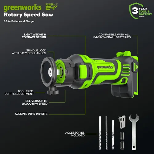Miniatura 2 de Greenworks Herramienta de corte rotativo de sierra de velocidad de 24 V, batería de 2 Ah y cargador incluidos