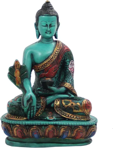 DharmaObjects Estatua de Buda de medicina curativa tibetana pintada a mano Nepal (5 pulgadas, verde)