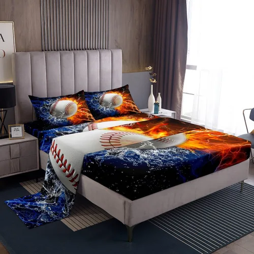 Miniatura 10 de Erosebridal Juego de sábanas de béisbol para niños, tamaño individual, sábanas de llama azul y roja para adolescentes, juego de ropa de cama