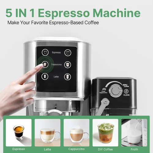 Miniatura 9 de URintells Cuising Máquina de café espresso de 20 bares, cafetera de espresso con pantalla táctil y espumador automático de leche para capuchino