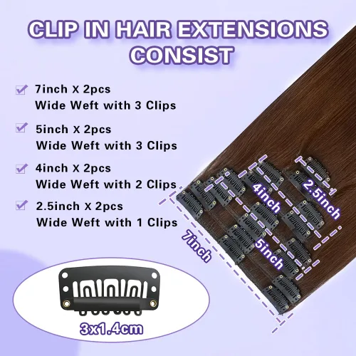Miniatura 3 de Extensiones de cabello humano real con pinzas, 8 piezas, extensiones de cabello humano 100% Remy virgen con clip, extensiones de cabello humano liso