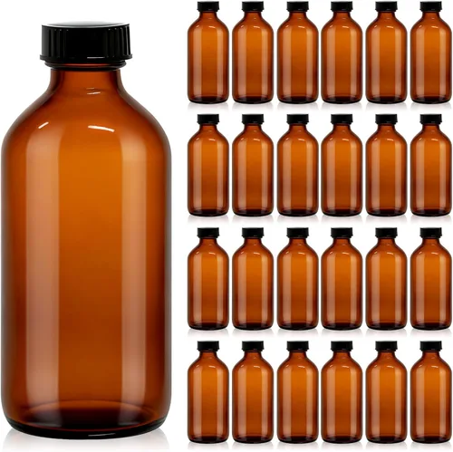 Paquete de 24 Botellas Redondas Boston de Vidrio Ámbar de 8 oz con Tapas de Policona Fenólica – Botellas Herméticas, A Prueba de Fugas para Extracto