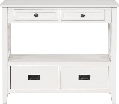 Miniatura 8 de Mesa consola blanca envejecida con 4 cajones y estantes, armario de cocina vintage de madera para almacenamiento, pasillo, vestíbulo con estantes