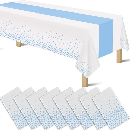 Miniatura 10 de Manteles de plástico desechables 2 en 1 de 54 x 108 pulgadas, mantel rectangular de cocina con lunares negros y azules, para boda, cumpleaños, baby