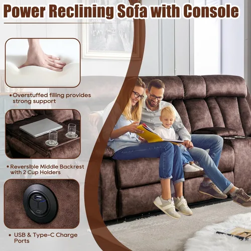 Miniatura 6 de GUEAPY Sofá reclinable eléctrico de 3 asientos, sofá reclinable de masaje con sofás reclinables de energía térmica con puertos USB/tipo C, Marrón