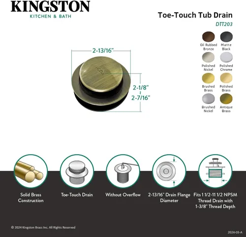 Miniatura 3 de Kingston Brass DTT200MB - Drenaje de bañera con punta de punta 2-7/16 "~ 2-3/16" Cromo pulido