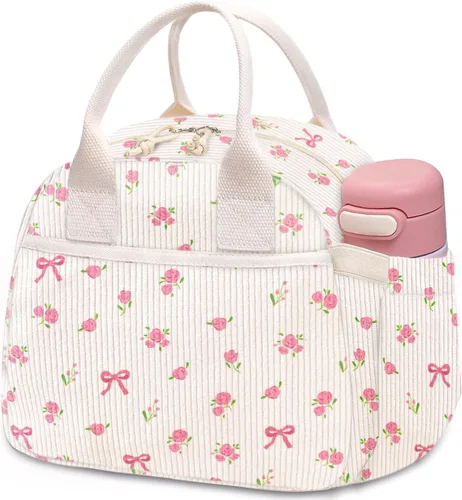 Miniatura 33 de Carry bloom Lonchera para mujer, lonchera aislada, bonita lonchera de pana reutilizable para el trabajo (1 rayas blancas y negras)