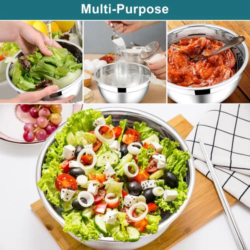 Miniatura 4 de E-far Tazones para mezclar con tapas, juego de 6 piezas de tazones para ensalada de acero inoxidable, tazones de metal anidables para hornear, Azul
