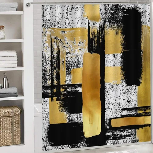 Miniatura 5 de Juego de 4 cortinas de ducha de arte geométrico moderno abstracto, estilo grunge, negro, blanco, dorado, impreso, juego de decoración de baño