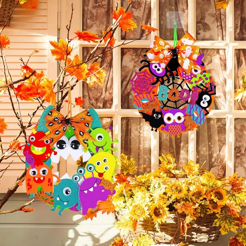 Miniatura 6 de Winlyn 12 juegos de manualidades de Halloween, decoraciones de corona de otoño con calabaza, monstruo, maíz caramelo, araña, murciélago, calcomanías