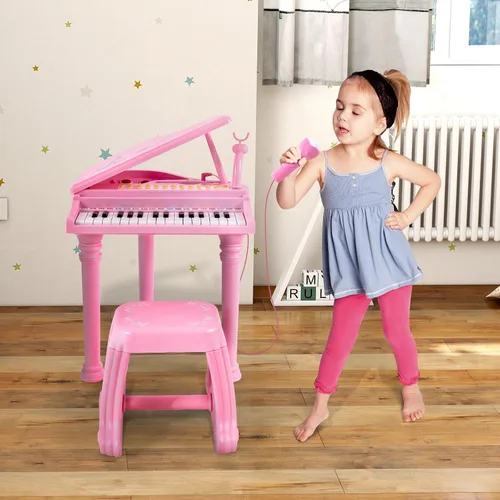 Miniatura 9 de Honey Joy - Piano mini clásico para niños con atril y taburete, piano electrónico portátil, instrumento musical educativo, juguete con micrófono