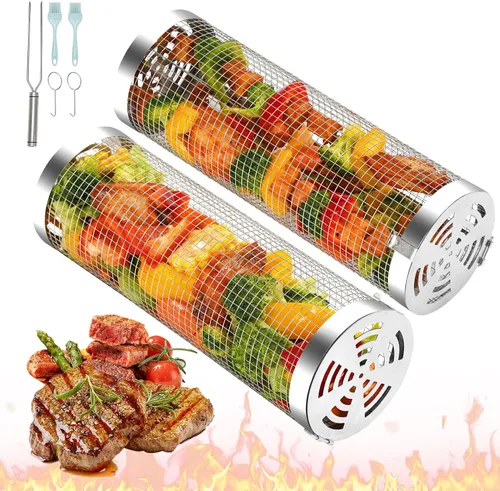 2 cestas enrollables para parrilla, cesta de verduras para parrilla, cestas redondas de acero inoxidable para parrilla al aire libre, cesta de