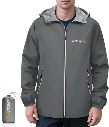 Miniatura 11 de APEXUP Chaqueta de lluvia empacable para hombre con cremallera reflectante, impermeable ligero, chaqueta de lluvia para hombre para deportes al aire