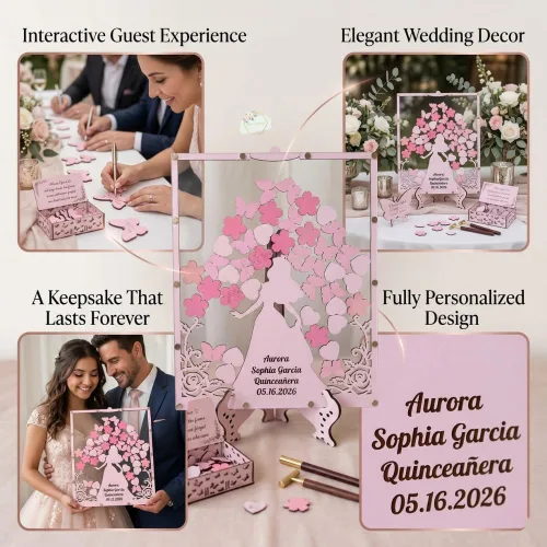 Miniatura 4 de Quinceanera Guest Book Alternative, Personalized Wooden Acrylic Princess Dress Frame with Butterfly Drop Chips, Custom Name Date Sign in Keepsake Set