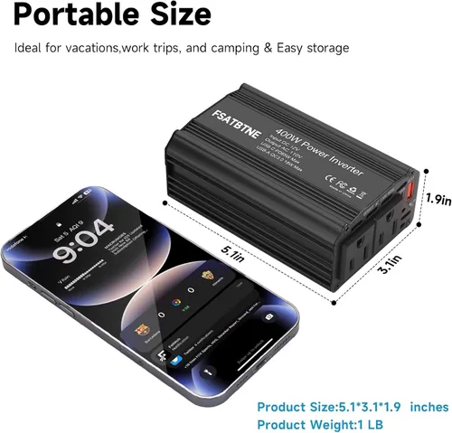 Miniatura 5 de Inversor de Potencia de 400W, FSATBTNE DC 12V a 110V AC Adaptador de Enchufe de Coche Convertidor de Salida con [65W PD USB-C] y [18W QC USB-A]