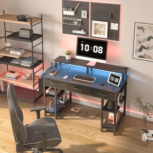 Miniatura 4 de Lufeiya Escritorio para juegos con luces LED y tomas de corriente, escritorio de oficina en casa de 47 pulgadas con soporte para monitor y estantes