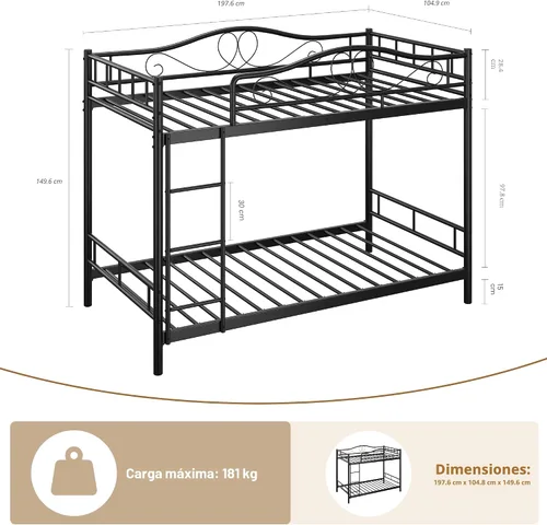Miniatura 2 de IDEALHOUSE - Litera de camas individuales con escalera y barandilla de seguridad completa, litera de metal resistente de camas individuales