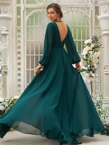 Miniatura 2 de PINMJEE Vestidos de dama de honor de gasa con cuello en V y manga larga para mujer