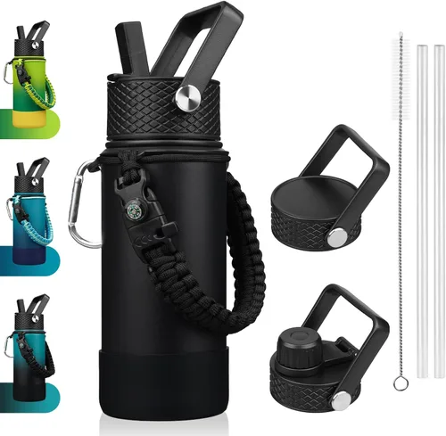 Miniatura 42 de BJPKPK - Botella de agua con tapa de popote, botellas de agua aisladas de 18 onzas con 3 tapas, asa de cuerda de paracaídas y base antideslizante