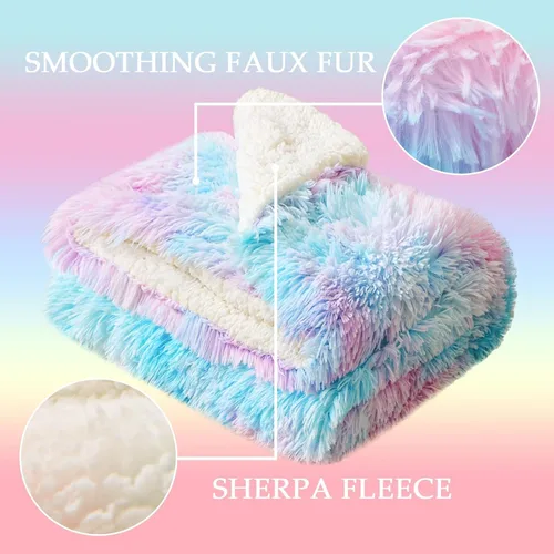 Miniatura 4 de Exclusivo Mezcla Manta de Cama Mullida de Piel Sintética Tamaño King, Mantas Reversibles Shaggy de Vellón Sherpa Teñido Tie Dye, Mantas Mullidas