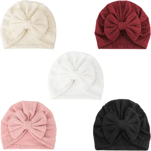 DRESHOW BQUBO 5 Pieces Newborn Baby Turban Hats Bow Baby Infant Beanie Breathable Toddler Cap for Baby Girls