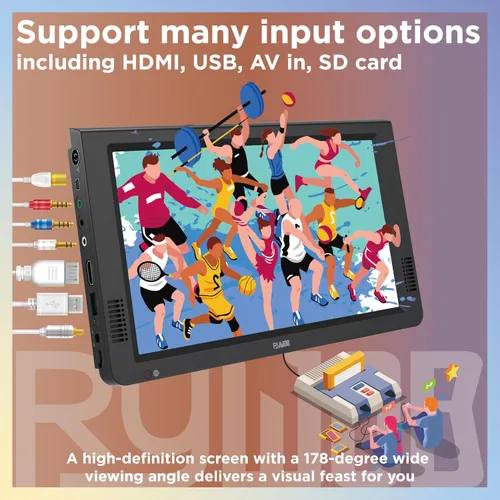 Miniatura 4 de Televisión portátil de 10 pulgadas, televisión pequeña con antena, TV a batería con entrada USB/SD/HDMI, sintonizador ATSC digital integrado