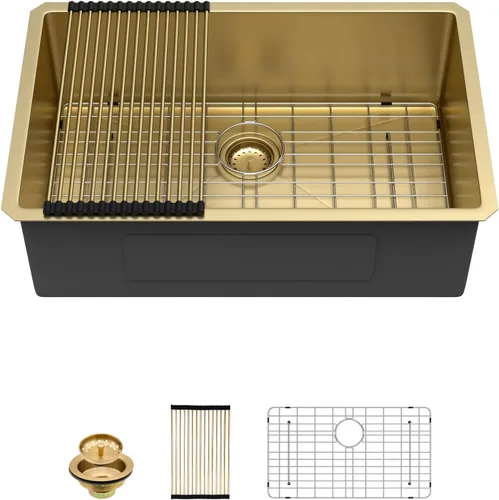 Sarlai Gold Fregadero de Cocina Empotrado - Fregadero de Cocina de 28 Pulgadas Empotrado de Acero Inoxidable Dorado Tazón Individual de 28" x 19"