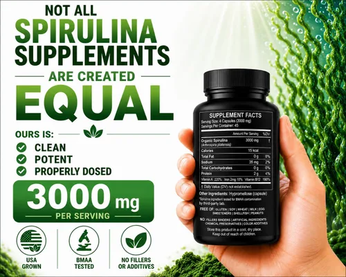 Miniatura 3 de Cápsulas de espirulina en polvo de 3000 mg – Algas azules verdes no irradiadas más puras – La mejor proteína vegana cruda – Superalimento verde