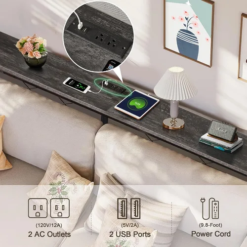 Miniatura 4 de VECELO Mesa de consola angosta extra larga de 71 pulgadas con estación de carga, toma de corriente y puertos USB, para entrada, sala de estar, Gris