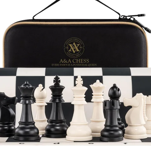 A&A Juego de ajedrez – Tablero de ajedrez plegable de silicona de 15''x15'' y piezas Staunton de plástico con peso con rey de 3.25'' de altura con
