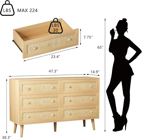 Miniatura 2 de HUANLEGO Cómoda de ratán para dormitorio, cómoda moderna de 6 cajones y cómoda, cómoda bohemia natural con asas, organizador de almacenamiento