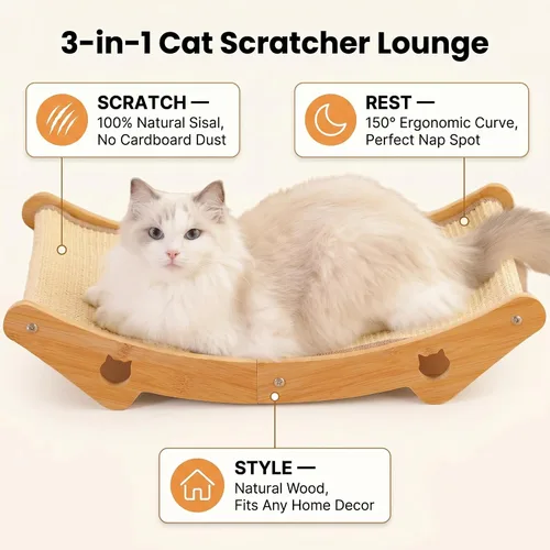 Miniatura 2 de Cama rascador de sisal para gatos de interior, poste rascador, almohadilla, tablero, hamaca de madera maciza para gatos, 23.6 x 13.8 x 5.1 pulgadas
