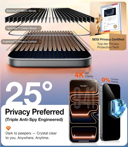 Miniatura 4 de UltraGlass Protector de pantalla de privacidad de vidrio 9H+ para iPhone 15 Pro Max [armadura de privacidad invisible], protector de pantalla S24