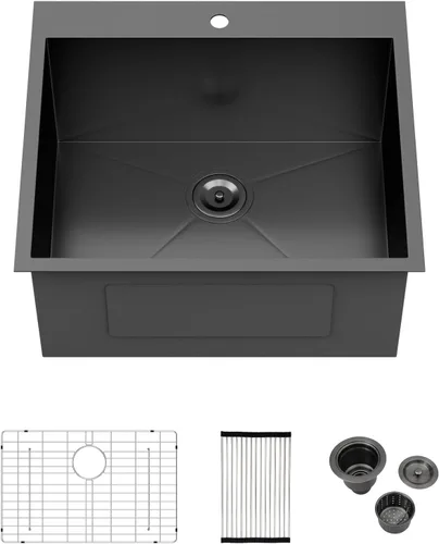Miniatura 12 de Logmey Fregadero de cocina negro 33x22 empotrable, estación de trabajo de fregadero de cocina, SUS304 calibre 16 acero inoxidable, tazón individual