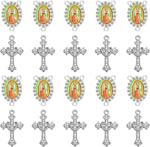 Miniatura 13 de Juego de 20 piezas de conectores de medalla de santos católicos con diamantes de imitación y dijes de cruz de cristal para suministros religiosos