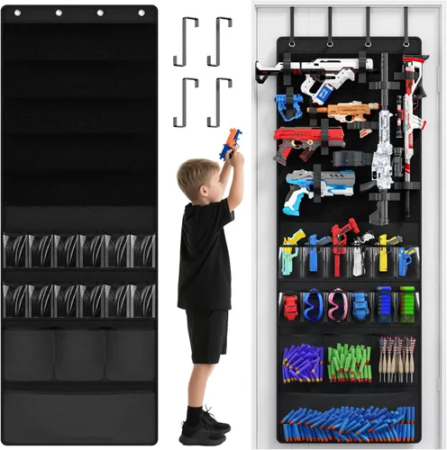 Miniatura 11 de Organizador sobre la puerta para pistolas de juguete, organizador de almacenamiento de pistolas de juguete con bolsillos y ranuras para niños, Verde