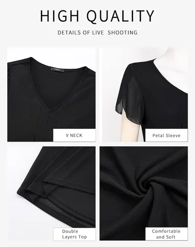 Miniatura 3 de VALOLIA Camisetas de manga corta para mujer, estilo casual, cuello en V, doble capa, túnicas de malla