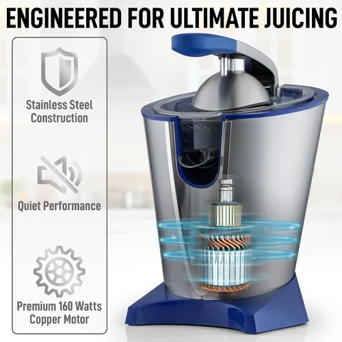 Miniatura 7 de Exprimidor Eléctrico de Cítricos Zulay - Hace Jugo Fresco de Naranja, Limón, Pomelo, Lima - Acero Inoxidable, 160W Potente y Silencioso, Conos Azul