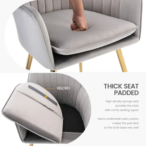 Miniatura 5 de Gold Thumb Juego de 2 sillas de comedor de terciopelo con respaldo medio, sillón moderno de ocio con patas chapadas en oro, silla tapizada para sala