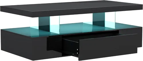 Miniatura 8 de ChooChoo Mesa de centro LED moderna, mesa central de alto brillo con cajón, mesa de centro negra con almacenamiento para sala de estar, dormitorio